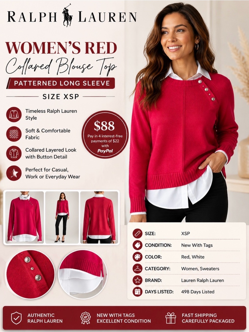 RALPH LAUREN Womens Red Patterned Long Sleeve Collared Blouse Top Size X…